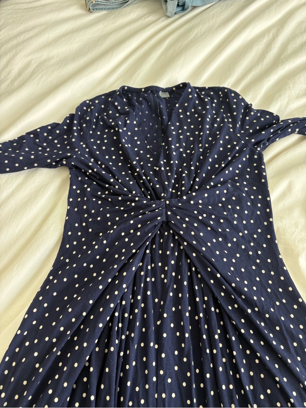 Seraphine Maternity Navy and White Polka Dot Twist-Front Long Sleeve Dress